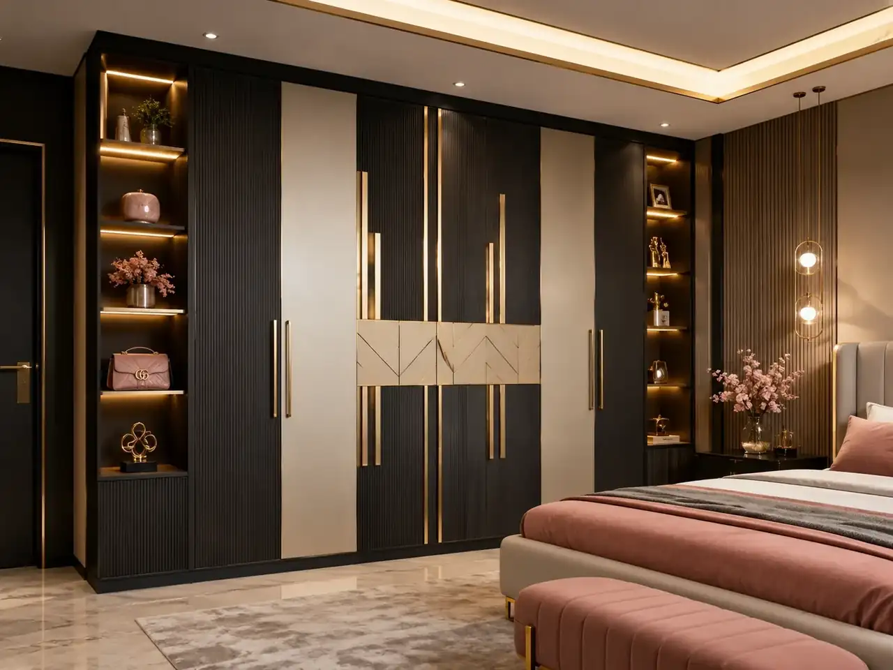 Luxury custom wardrobe in charcoal, beige and gold with premium styling - interior works in Hosur by Luma Interiors Solution