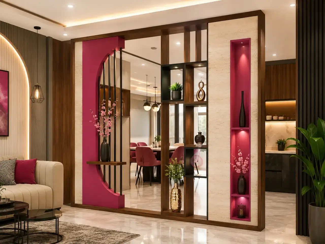 Luxury display partition with magenta accent niches, wood framing and open shelves - interior works in Hosur by Luma Interiors Solution