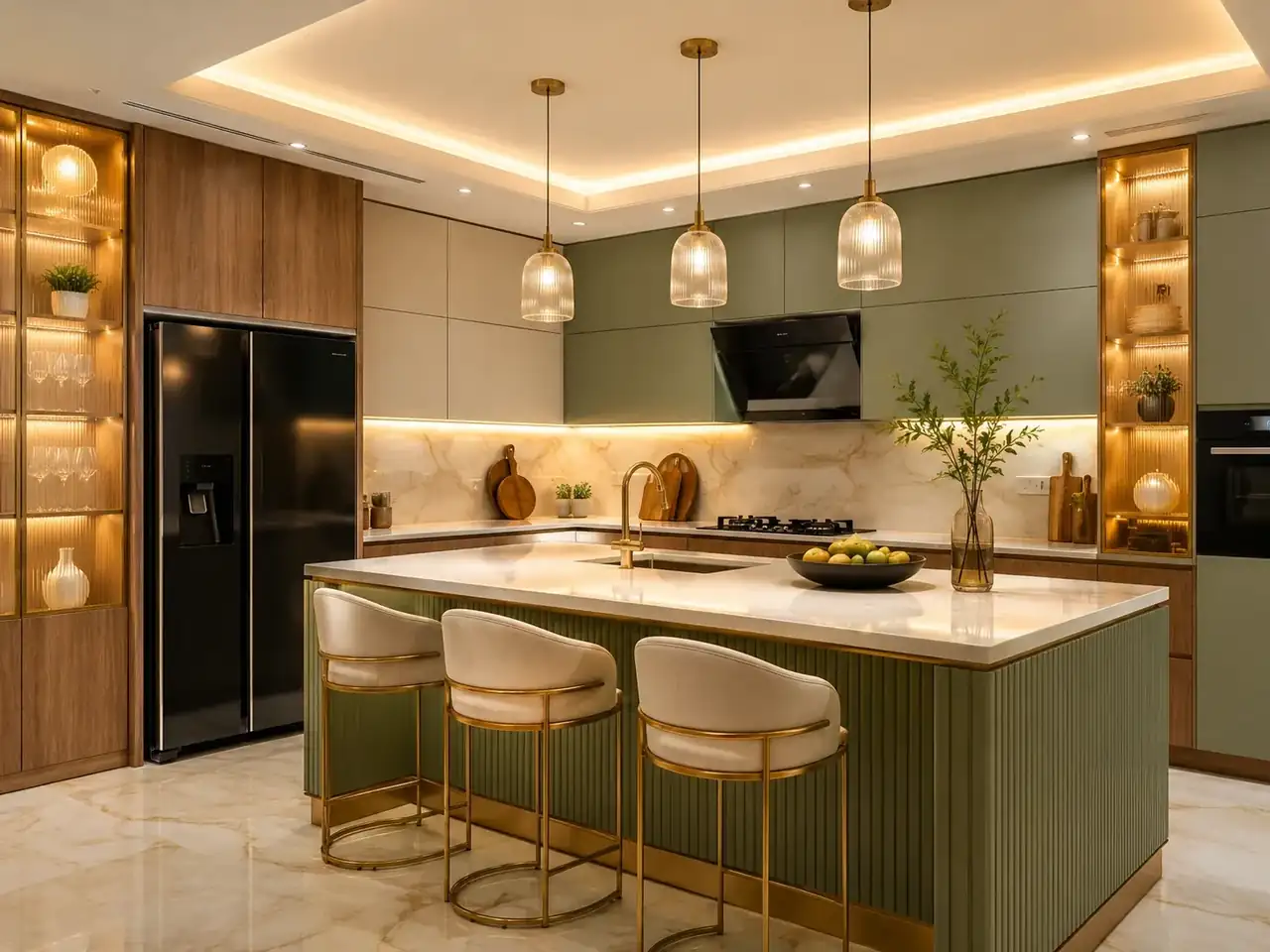 Elegant olive-green island kitchen with warm lighting and premium seating - interior works in Hosur by Luma Interiors Solution