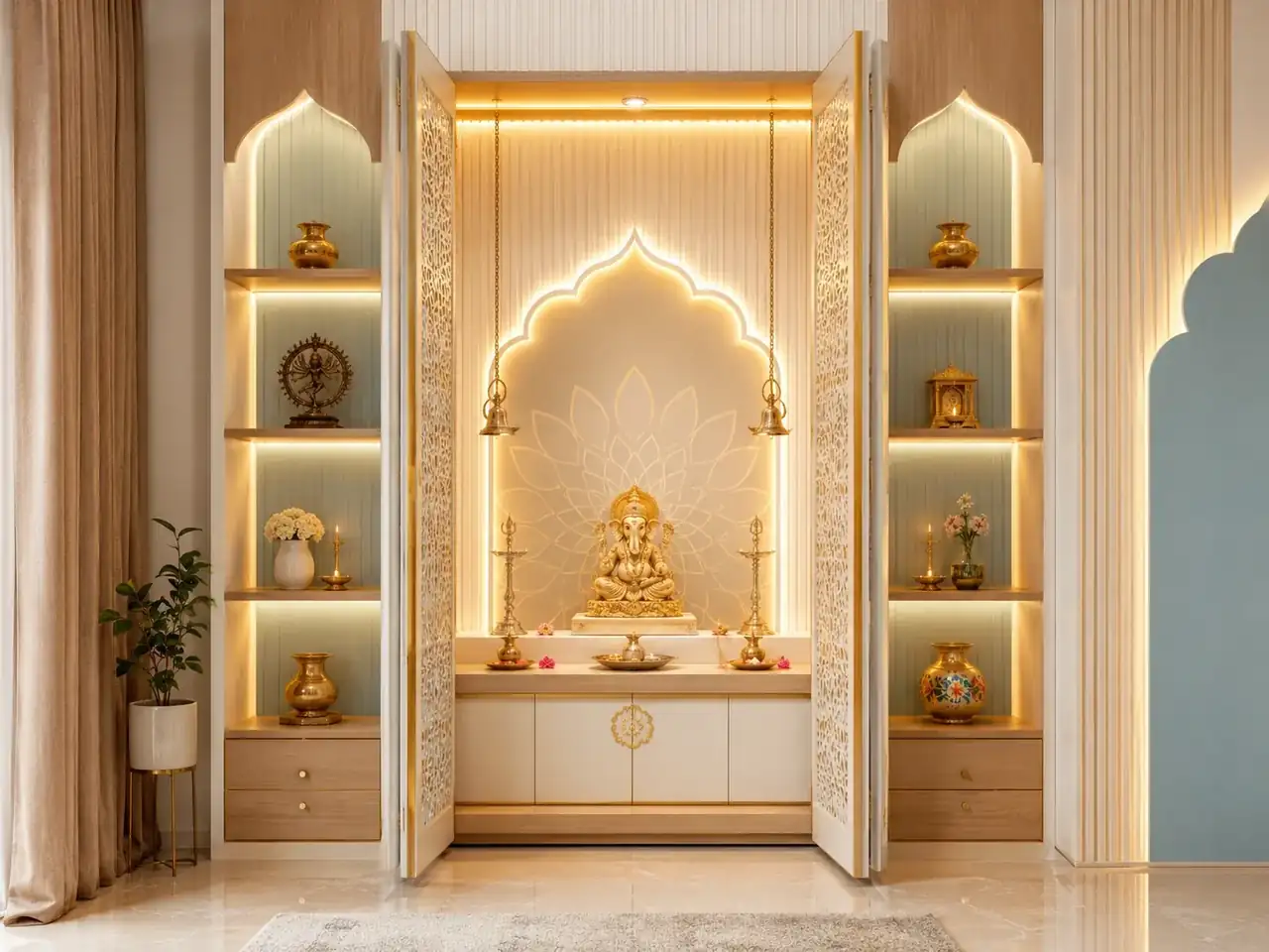 Premium pooja unit with glowing arch, carved doors and golden mandir accents - interior works in Hosur by Luma Interiors Solution