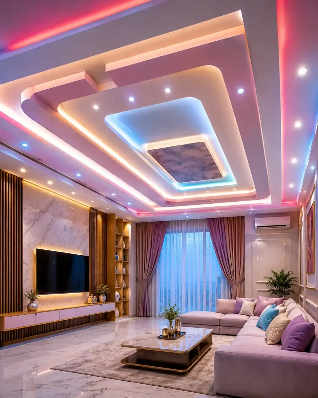 Luxury false ceiling living room with sky-blue and pink mood lighting - interior works in Hosur by Luma Interiors Solution