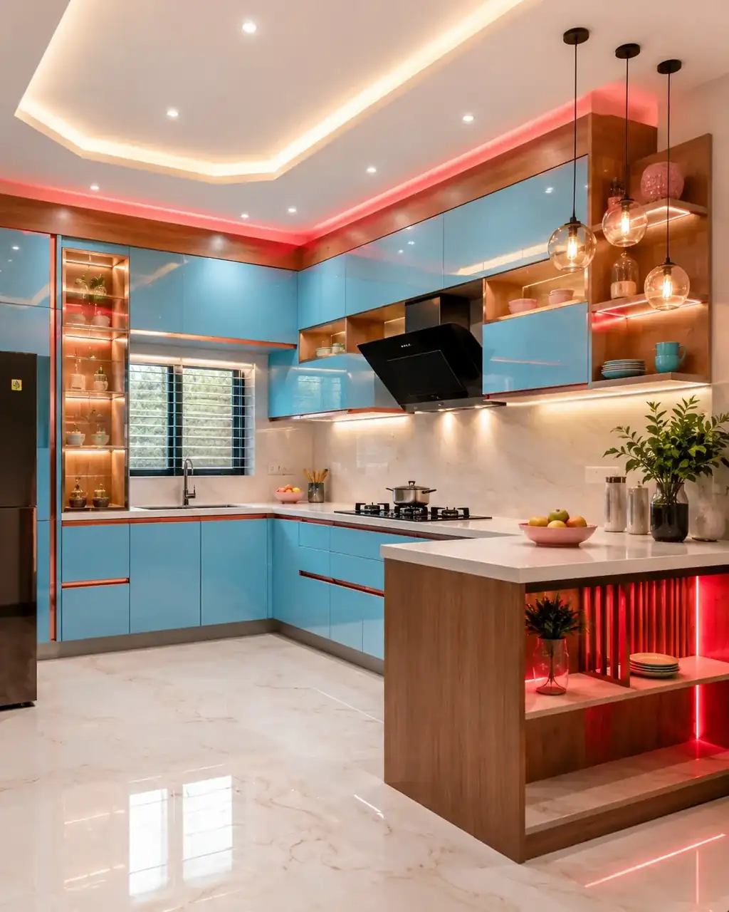 Sky-blue modular kitchen with warm wood detailing and vibrant red accent lighting - interior works in Hosur by Luma Interiors Solution