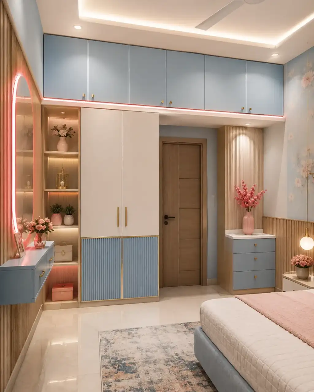 Pastel bedroom storage design with full-height loft cabinets and elegant built-in unit - interior works in Hosur by Luma Interiors Solution
