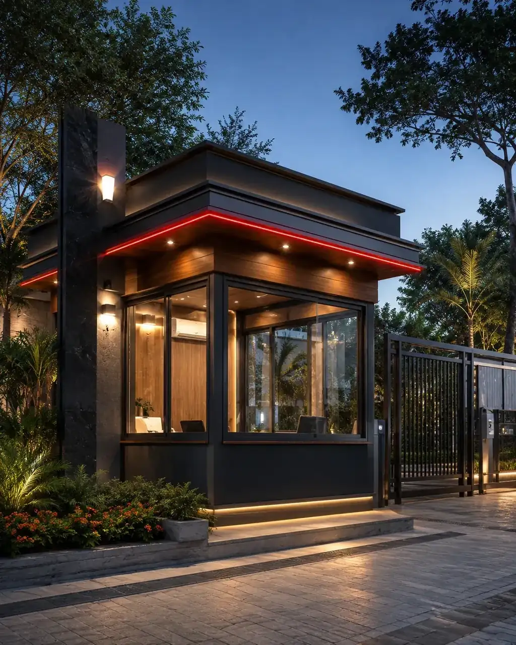 Premium modern security cabin with bold red accent lighting at the entrance - interior works in Hosur by Luma Interiors Solution