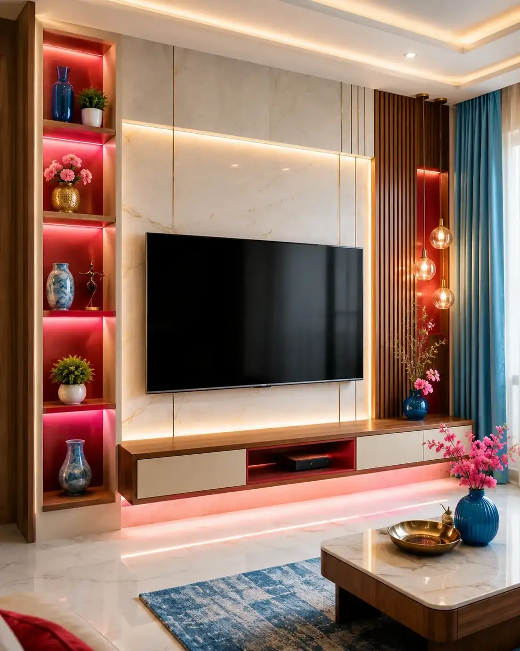 Vibrant television showcase wall with pink neon niches and blue accents - interior works in Hosur by Luma Interiors Solution