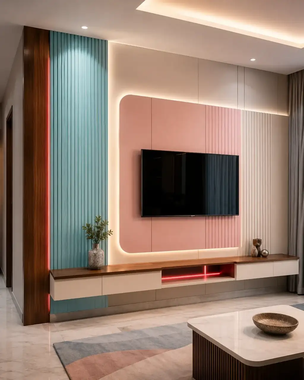 Candy pastel wall panelling feature with modern floating television console - interior works in Hosur by Luma Interiors Solution