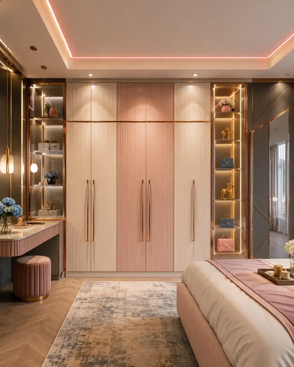 Luxury blush pink wardrobe with designer display shelves and dressing corner - interior works in Hosur by Luma Interiors Solution