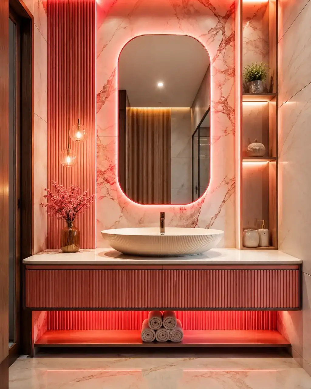Neon coral wash basin vanity with glowing mirror and marble wall finish - interior works in Hosur by Luma Interiors Solution